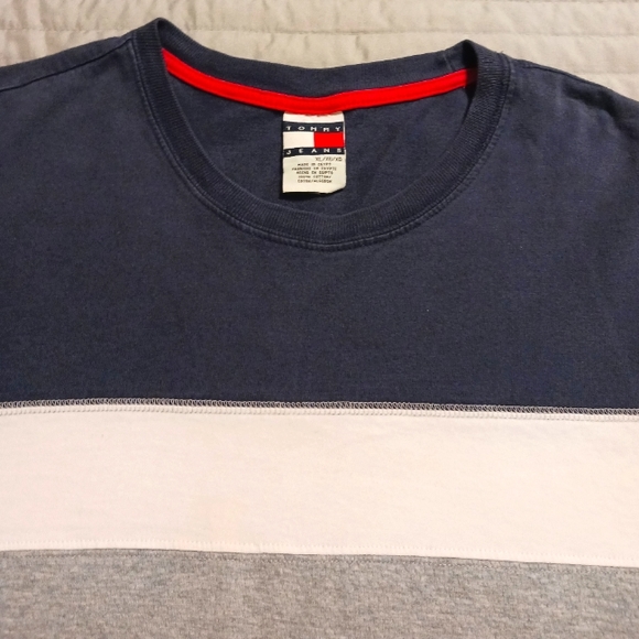 Vintage 2002 Tommy Hilfiger Jeans Men's XL Blue White Gray Color Block S/S Shirt - Picture 4 of 10